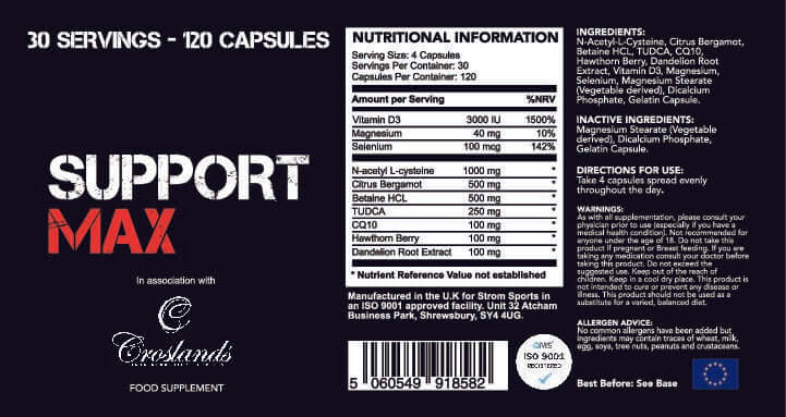 Support Max supplement label showing nutritional information and ingredients