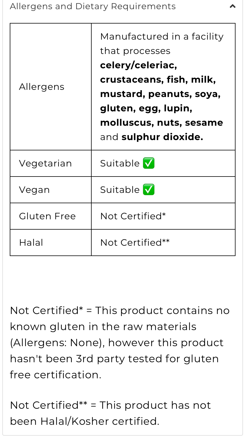 Allergen and dietary requirements table for TBJP Digest Pharma Pro showing vegetarian and vegan suitability and allergen information