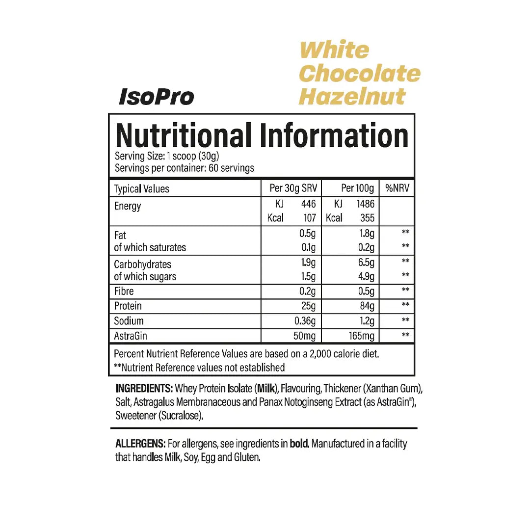 Nutritional information panel for TBJP ISO Pro whey protein isolate in white chocolate hazelnut flavour, showing calories, protein, carbohydrates, fats, and ingredients per serving.