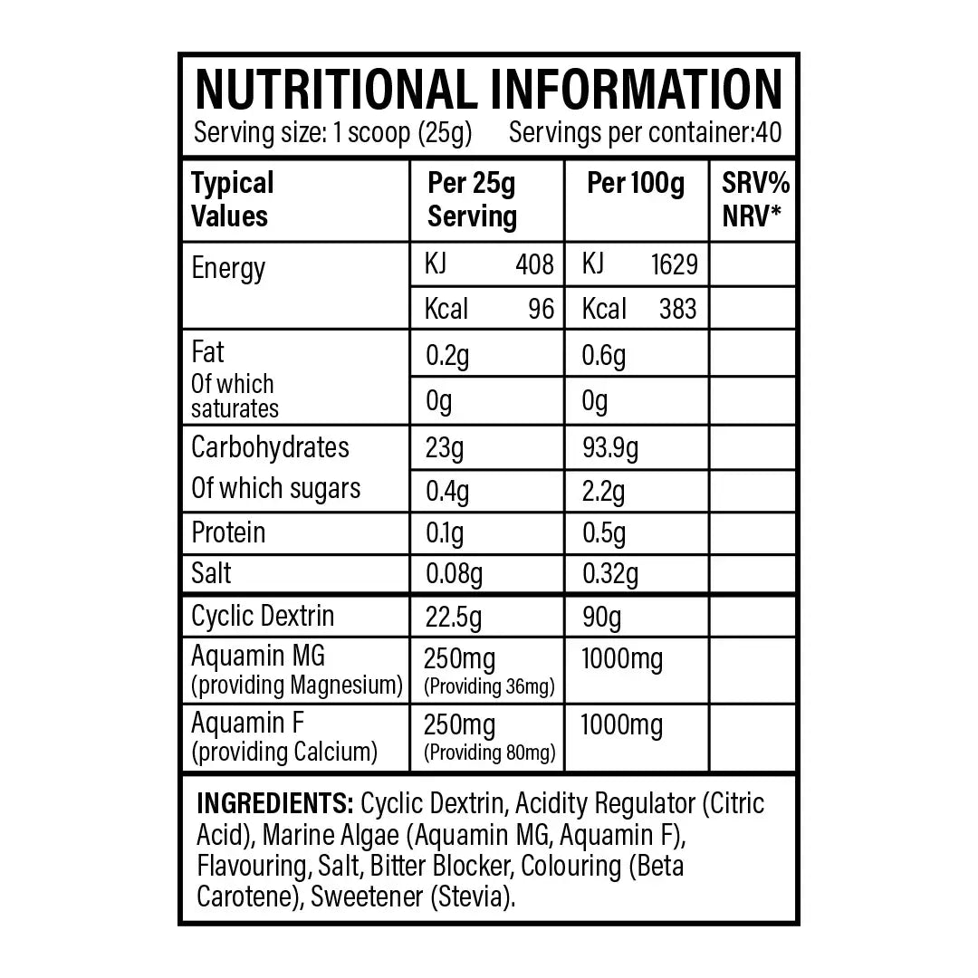 TBJP Performance Fuel intra workout powder Berry Burst flavour nutritional information panel