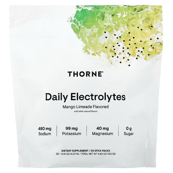 Thorne Daily Electrolytes mango limeade flavored supplement pouch with 30 stick packs on white background