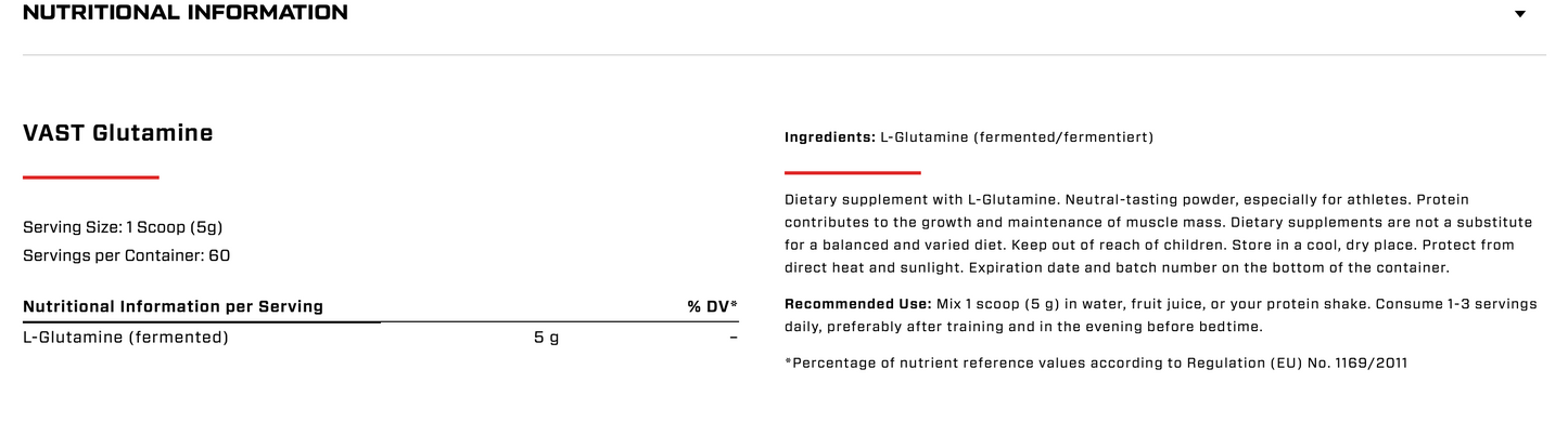 VAST Glutamine 300g nutrition label and ingredient information