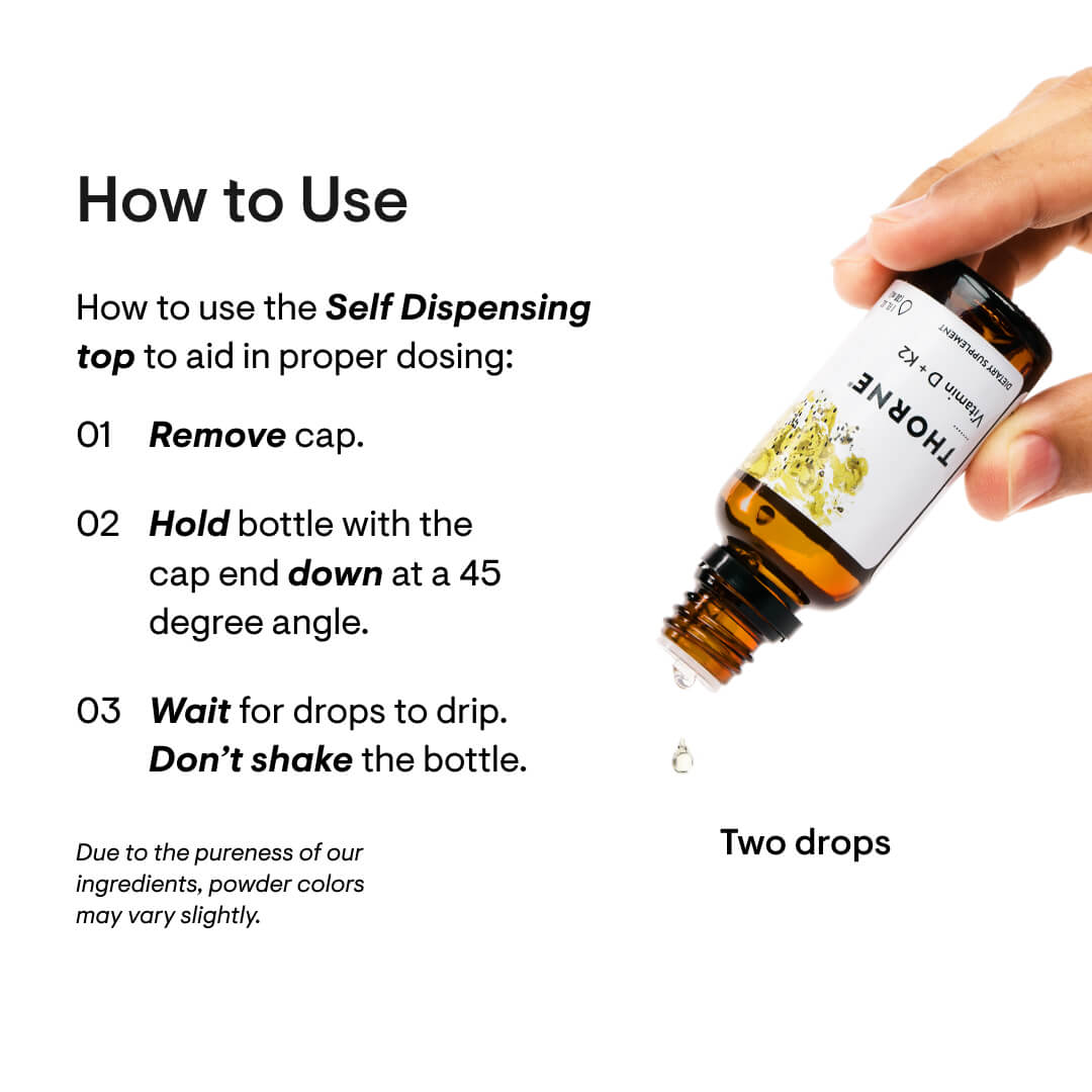 How to use vitamin D3 and vitamin K2 drops showing self-dispensing bottle and two-drop dosage instructions