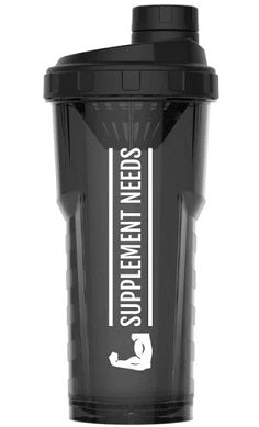 Black shaker bottle with the text 'SUPPLEMENT NEEDS,' perfect for mixing protein and meal replacement shakes.