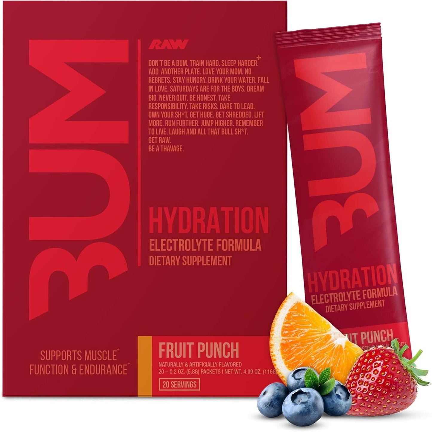 Raw Nutrition Bum Hydration electrolyte formula box with fruit punch flavor, supporting muscle function and endurance.