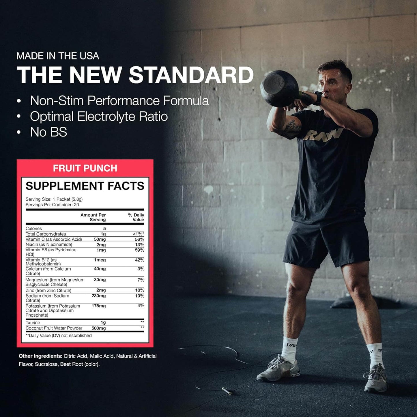 Raw Nutrition Bum Hydration product image showcasing non-stim electrolyte formula and supplement facts for quick recovery.