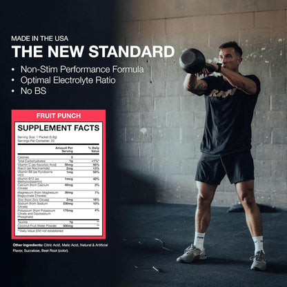 Raw Nutrition Bum Hydration product image showcasing non-stim electrolyte formula and supplement facts for quick recovery.