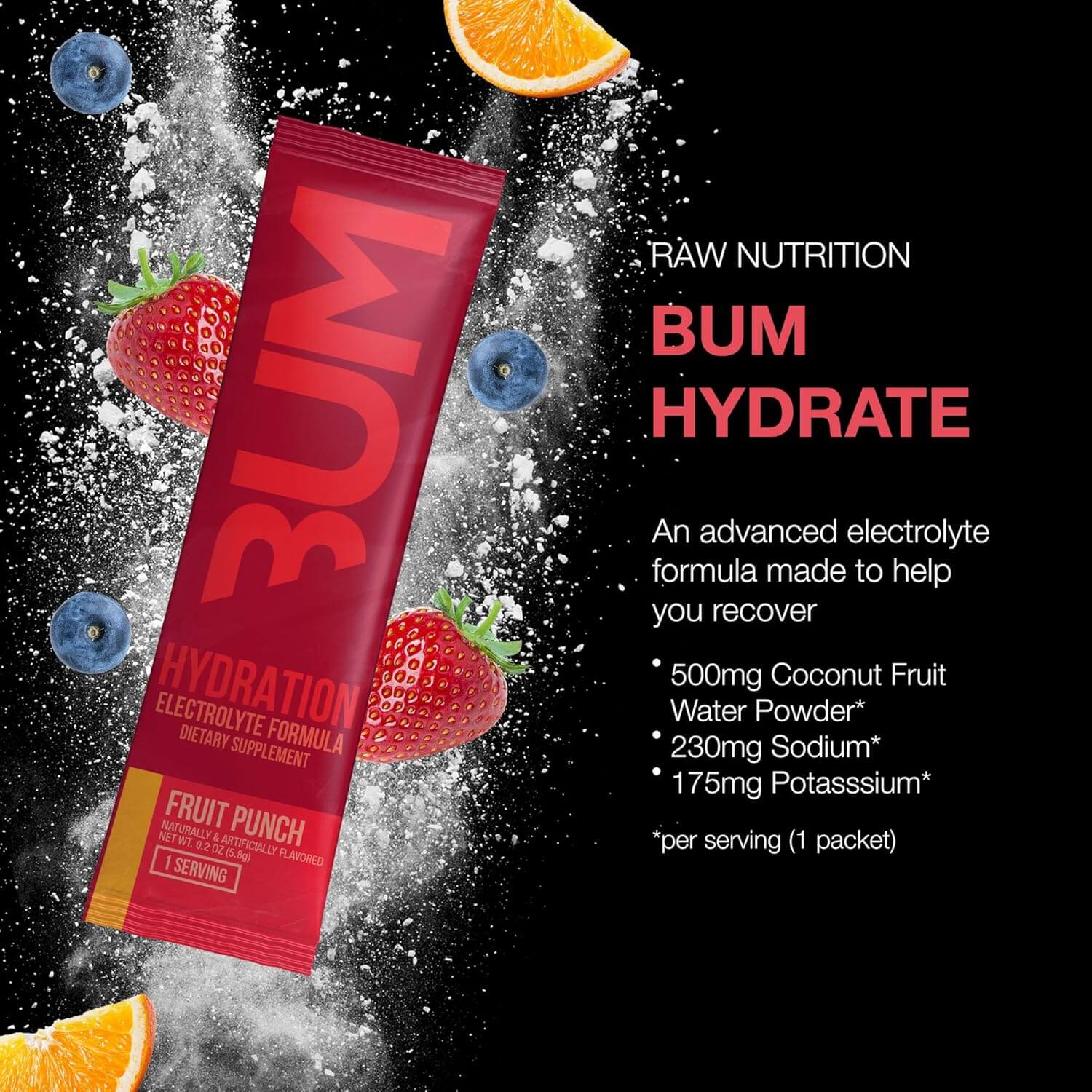 Raw Nutrition Bum Hydration powder packet with fruit punch flavor and key electrolytes for fast recovery.