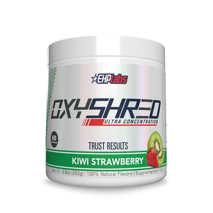 EHP Labs OxyShred thermogenic fat burner in Kiwi Strawberry flavor with 60 servings, promoting metabolism and fat loss.