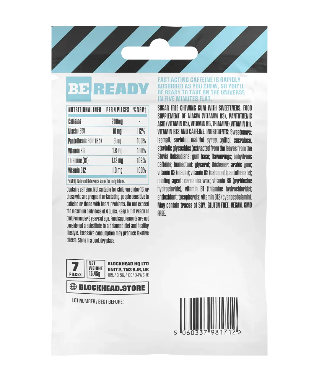 Back packaging of Blockhead Caffeine Gum, providing nutritional info and ingredients, vegan and gluten-free.