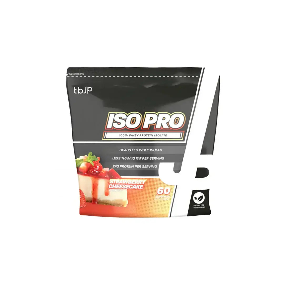 TBJP Iso Pro whey protein isolate, grass-fed, strawberry cheesecake flavor, 60 servings, high quality for optimal performance.