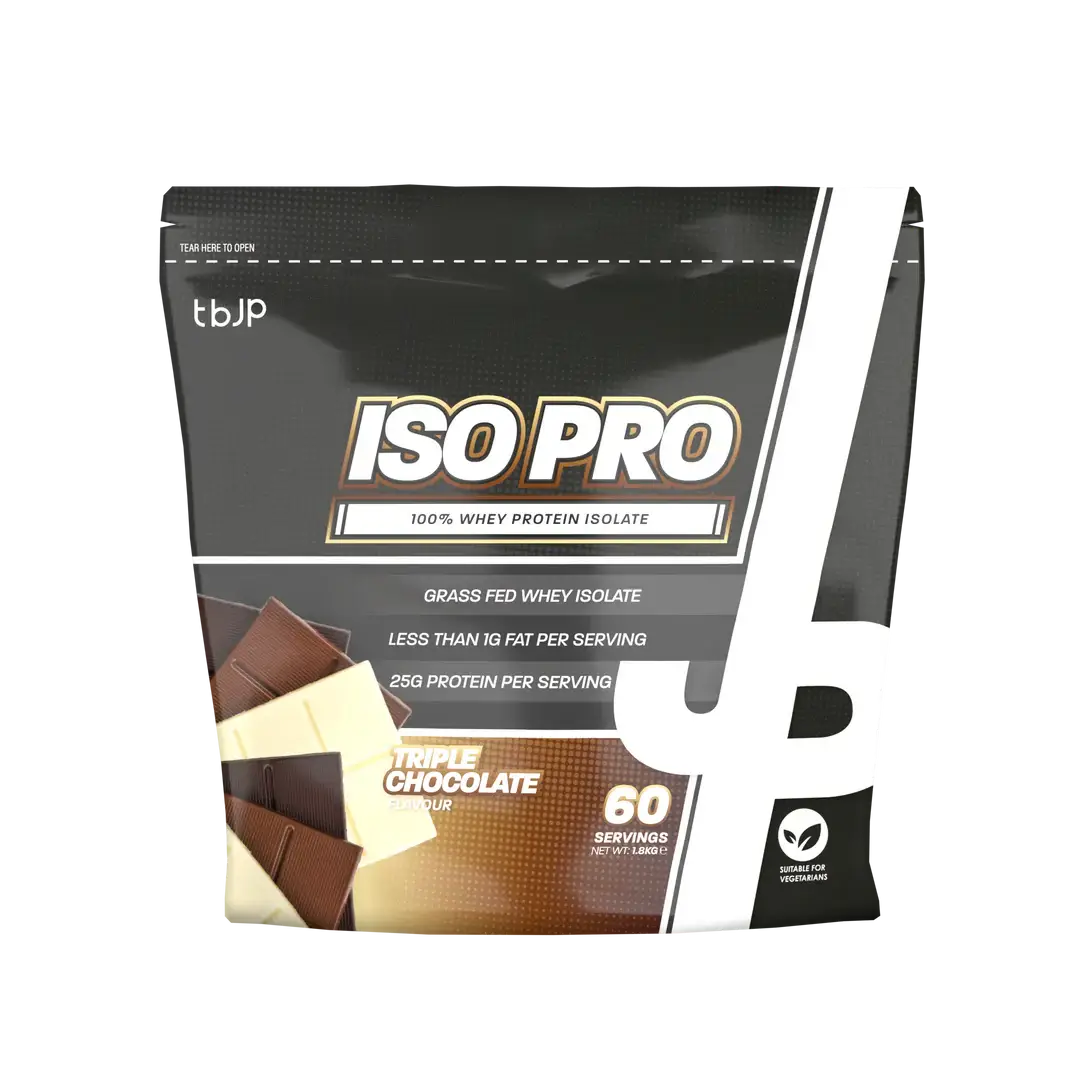 TBJP Iso Pro whey protein isolate bag, grass-fed, triple chocolate flavor, 60 servings, 25g protein per serving.