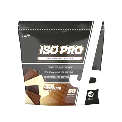 TBJP Iso Pro whey protein isolate bag, grass-fed, triple chocolate flavor, 60 servings, 25g protein per serving.