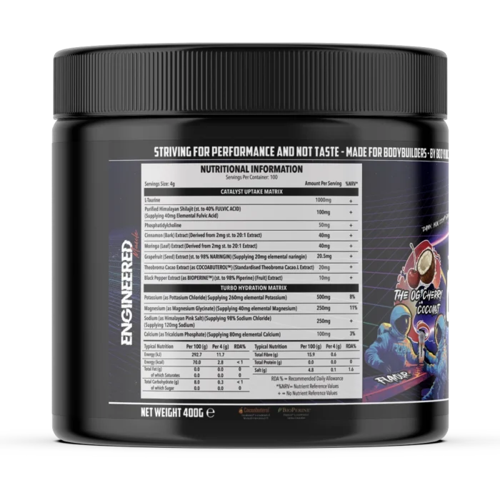 Engineered Muscle Catalyst OG Cherry Coconut nutritional information panel