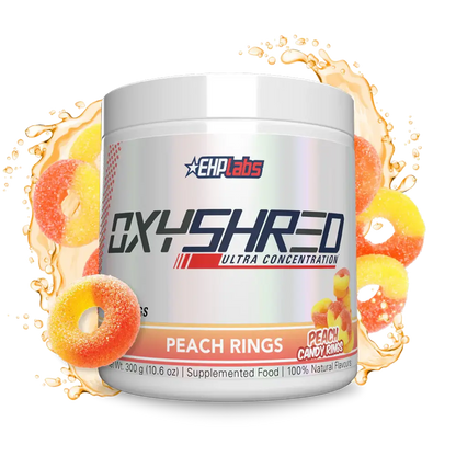 EHP Labs OxyShred Peach Rings supplement, thermogenic fat burner, boosts metabolism and curbs appetite.