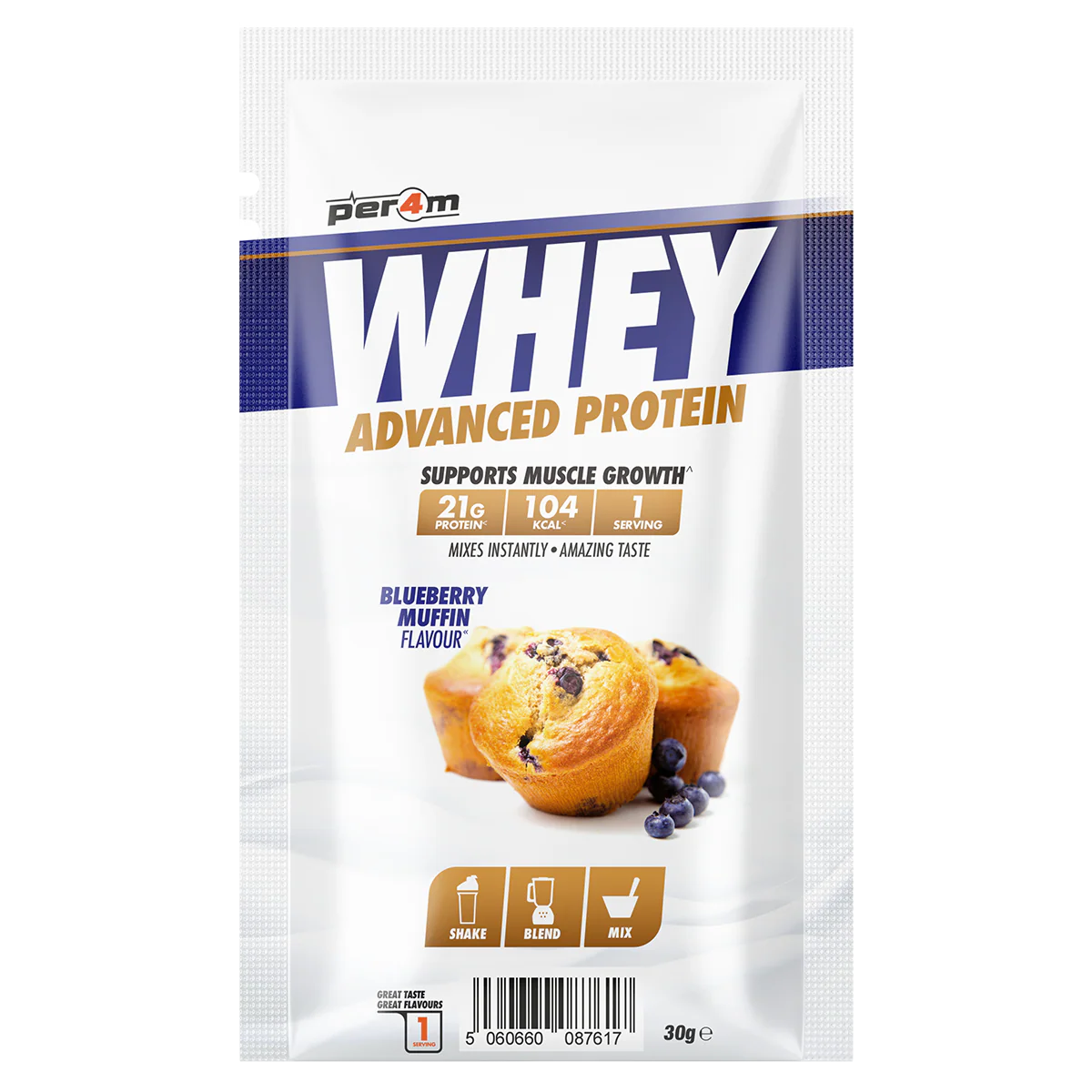 Per4m Whey Advanced Protein Blueberry Muffin flavour 30g sample sachet