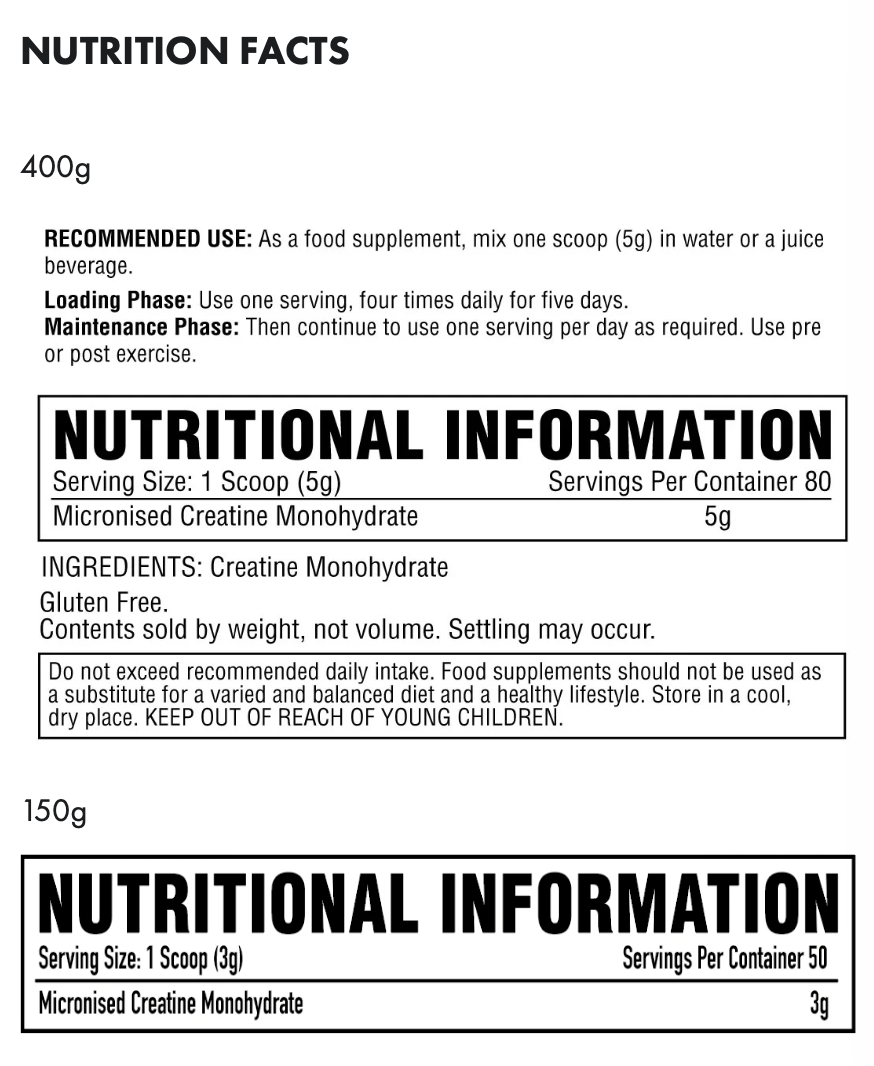 Nutrition facts and usage instructions for micronised creatine monohydrate supplement