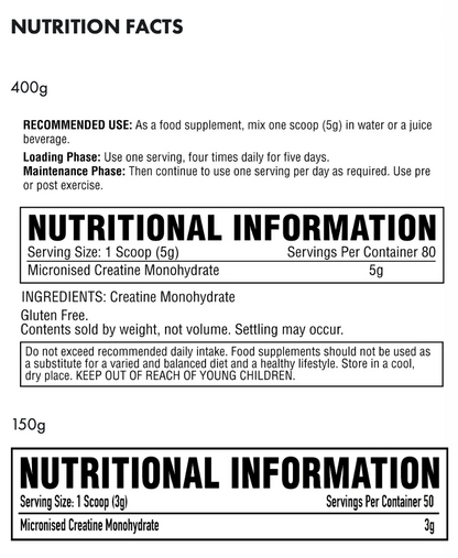 Nutrition facts and usage instructions for micronised creatine monohydrate supplement