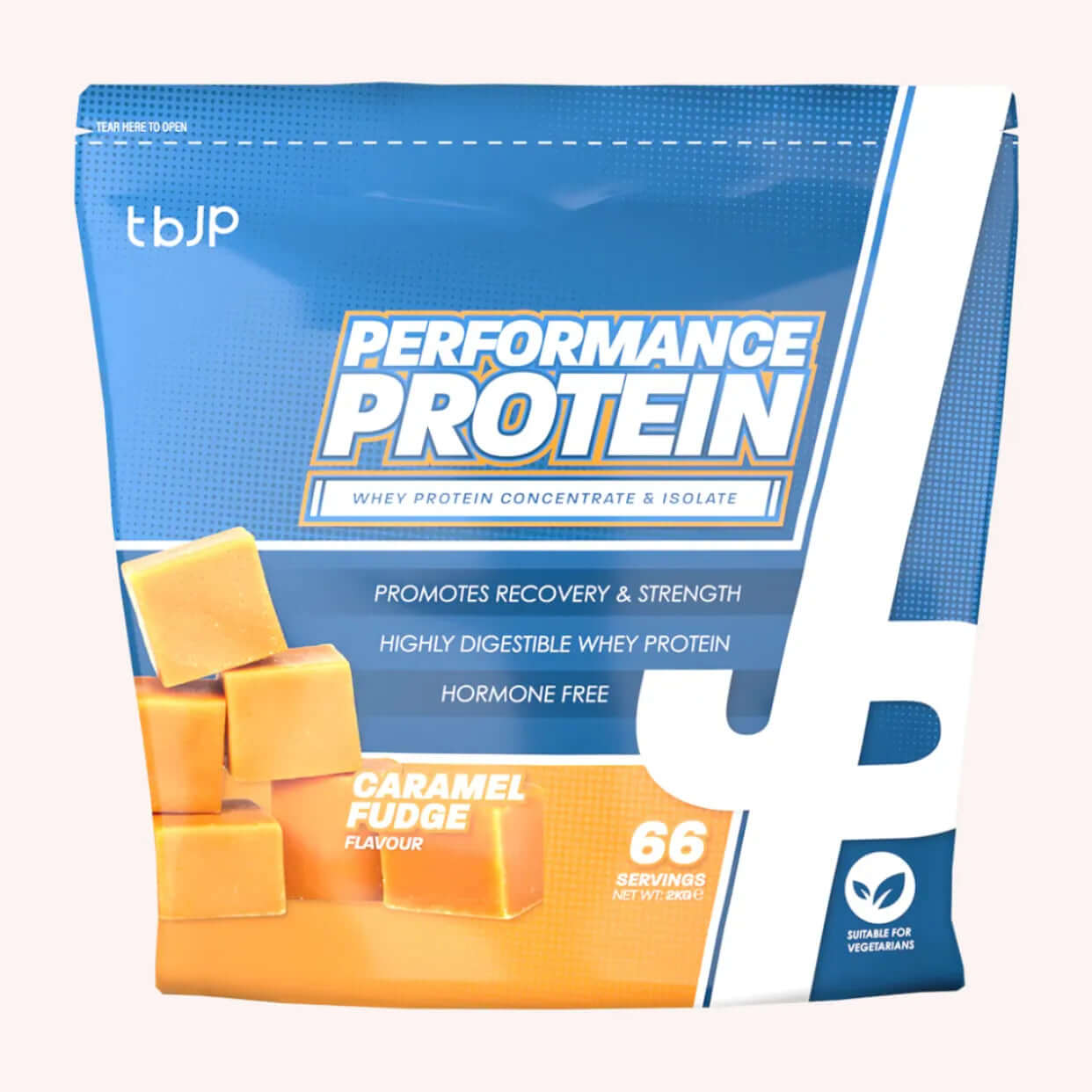TBJP Performance Protein - Caramel Fudge Flavor, whey protein isolate, 66 servings, promotes recovery and strength.