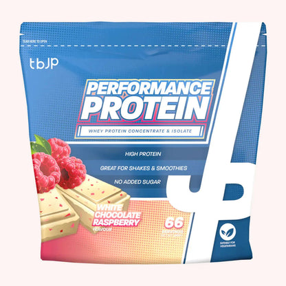 TBJP Performance Protein pouch in White Chocolate Raspberry flavor, high protein, no added sugar, perfect for shakes.