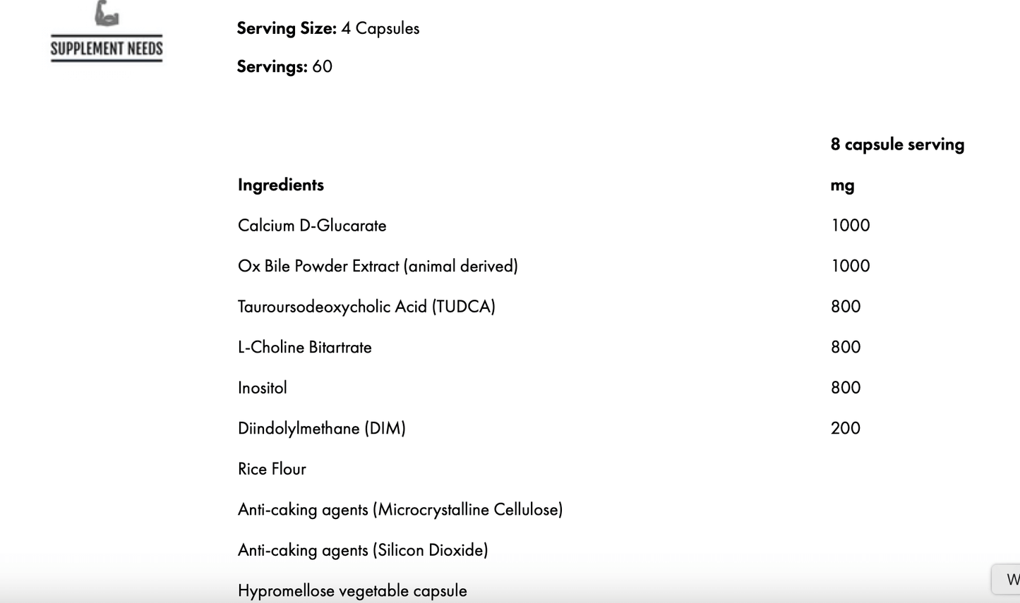 Ingredient list for Supplement Needs Liver Stack: 6 liver health-supporting components and dosages.