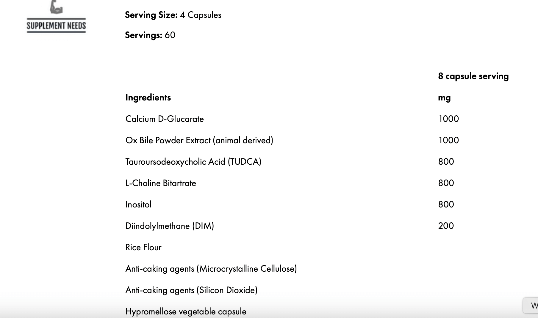 Ingredient list for Supplement Needs Liver Stack: 6 liver health-supporting components and dosages.
