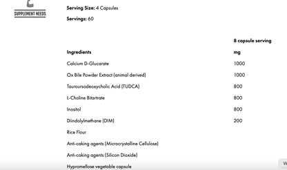 Ingredient list for Supplement Needs Liver Stack: 6 liver health-supporting components and dosages.