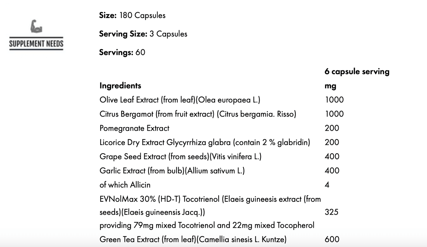 Ingredients list for Supplement Needs Heart Stack, featuring 15 heart health-boosting components in 180 capsules.