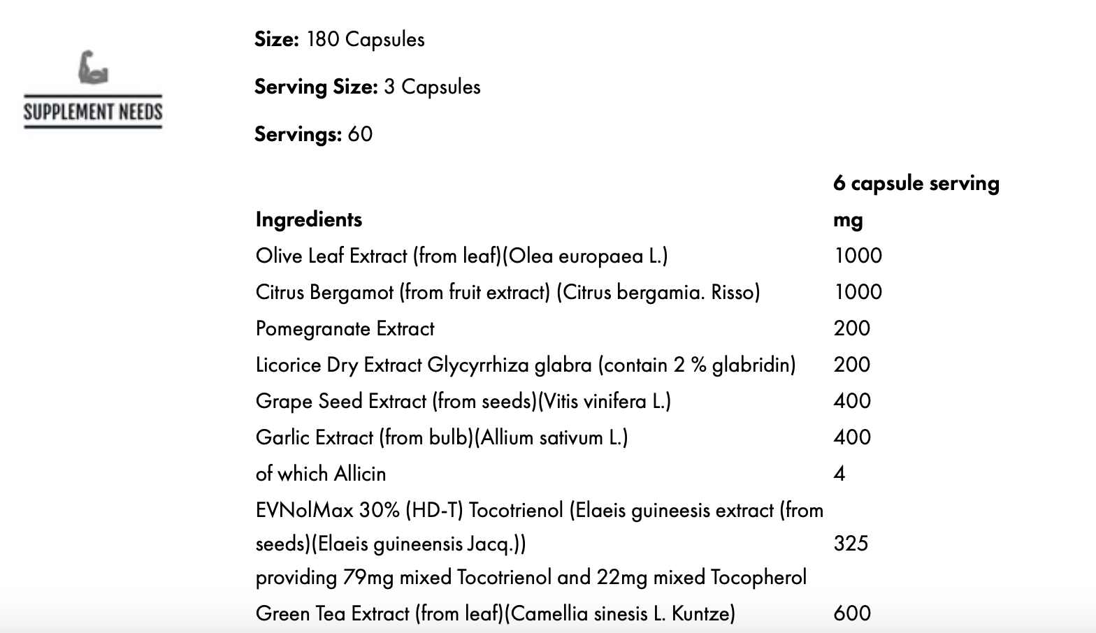 Ingredients list for Supplement Needs Heart Stack, featuring 15 heart health-boosting components in 180 capsules.