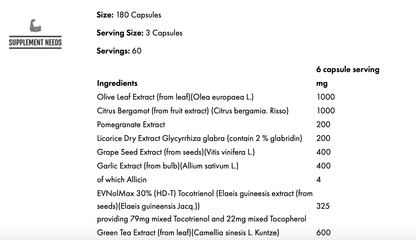 Ingredients list for Supplement Needs Heart Stack, featuring 15 heart health-boosting components in 180 capsules.