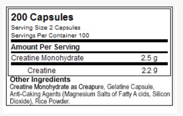 Supplement facts for ON Creatine Capsules, including serving size, creatine monohydrate, and other ingredients.
