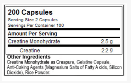 Supplement facts for ON Creatine Capsules, including serving size, creatine monohydrate, and other ingredients.