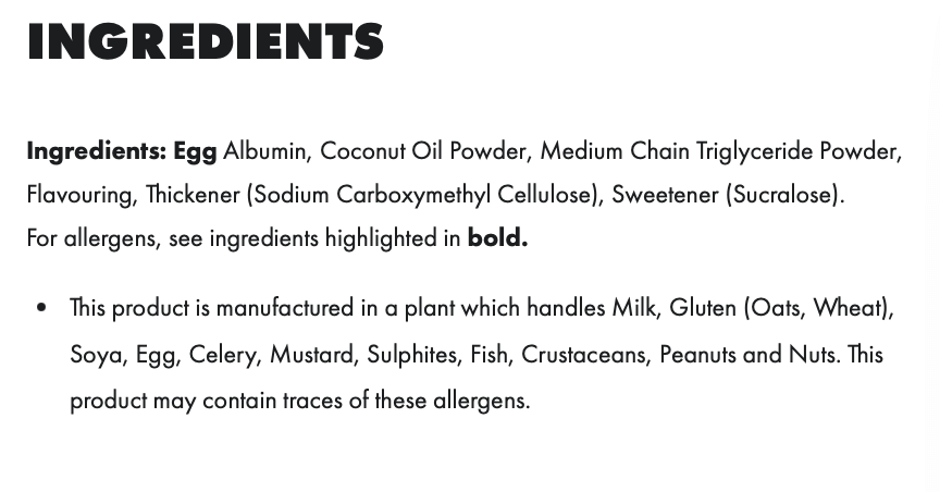 List of ingredients for PER4M Egg White Protein including allergen information and nutritional components.