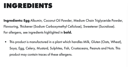 List of ingredients for PER4M Egg White Protein including allergen information and nutritional components.