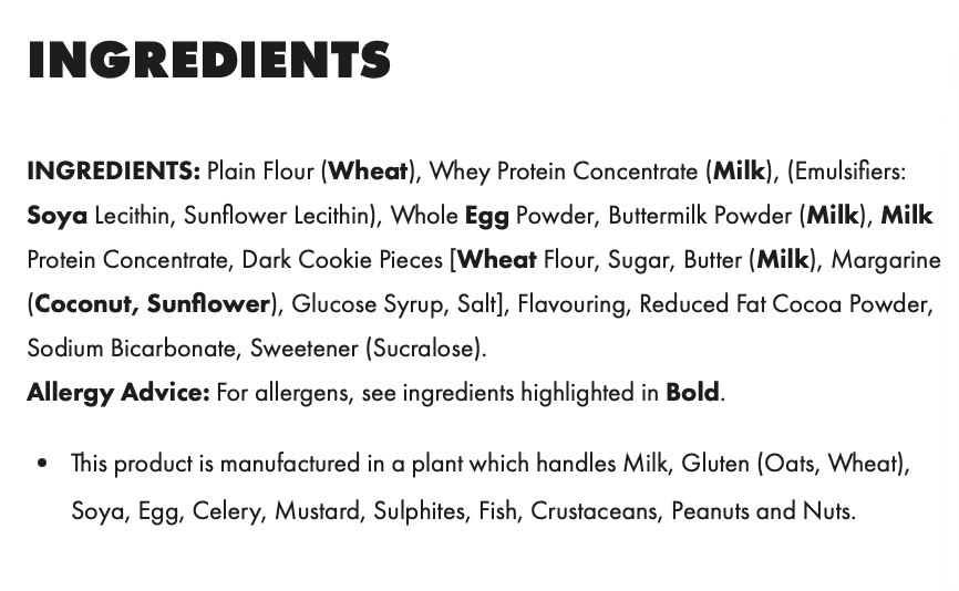 List of ingredients for PER4M Protein Pancakes, highlighting allergens and nutritional components.