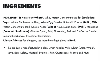 List of ingredients for PER4M Protein Pancakes, highlighting allergens and nutritional components.