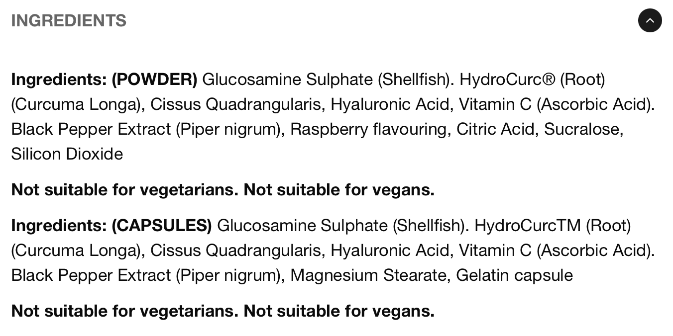 Ingredients list for SupportMAX Joint powder and capsule versions, highlighting key components and dietary notes.