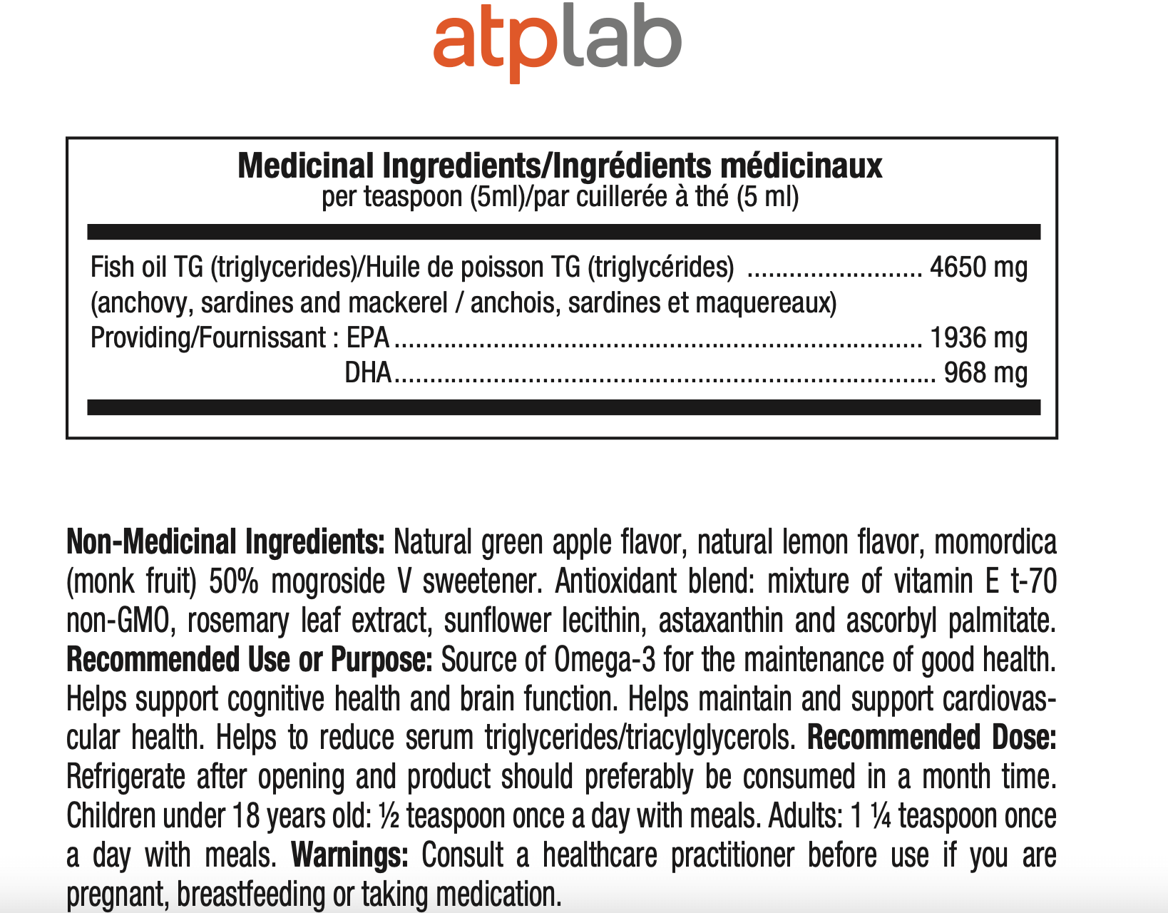 ATP LAB Omega-3 Triglyceride ingredients label, showing dosage and benefits for cognitive and cardiovascular health.