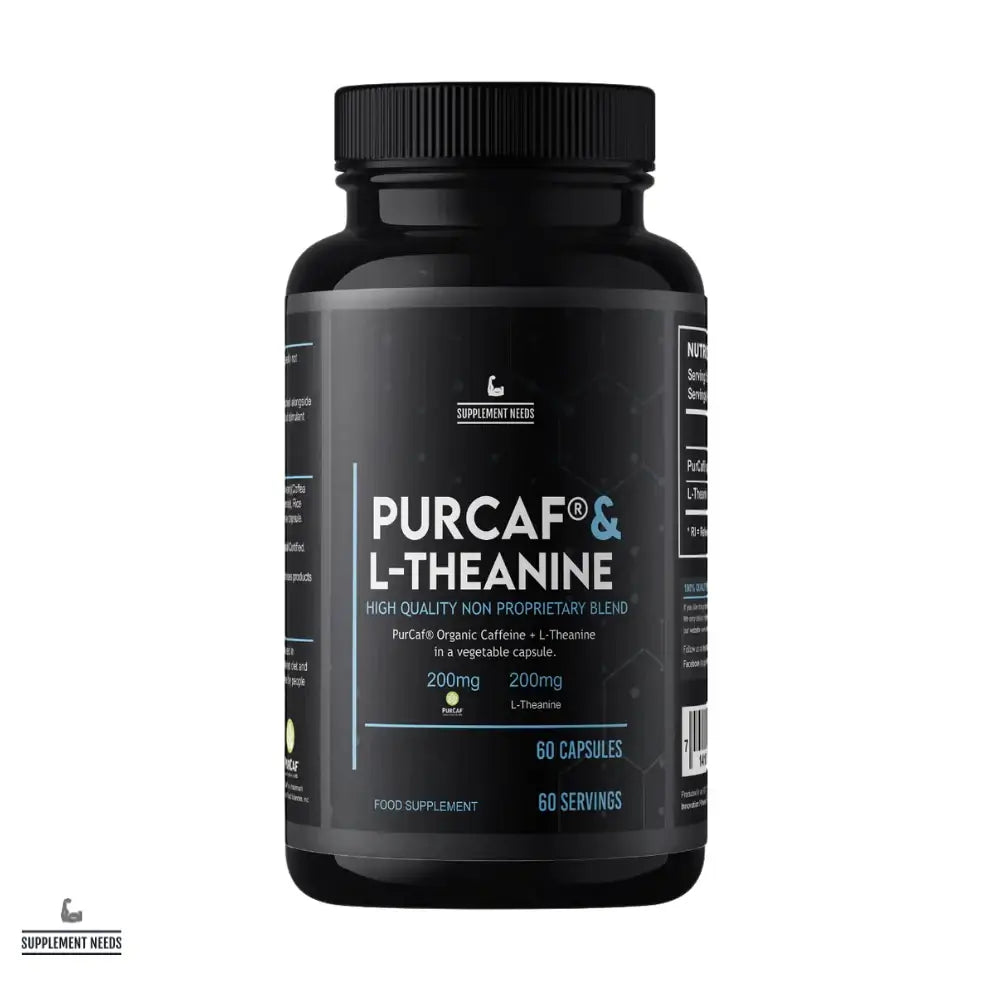 PurCaf & L-Theanine supplement bottle with 60 capsules, featuring high-quality organic caffeine blend.