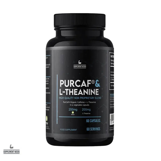 PurCaf & L-Theanine supplement bottle with 60 capsules, featuring high-quality organic caffeine blend.