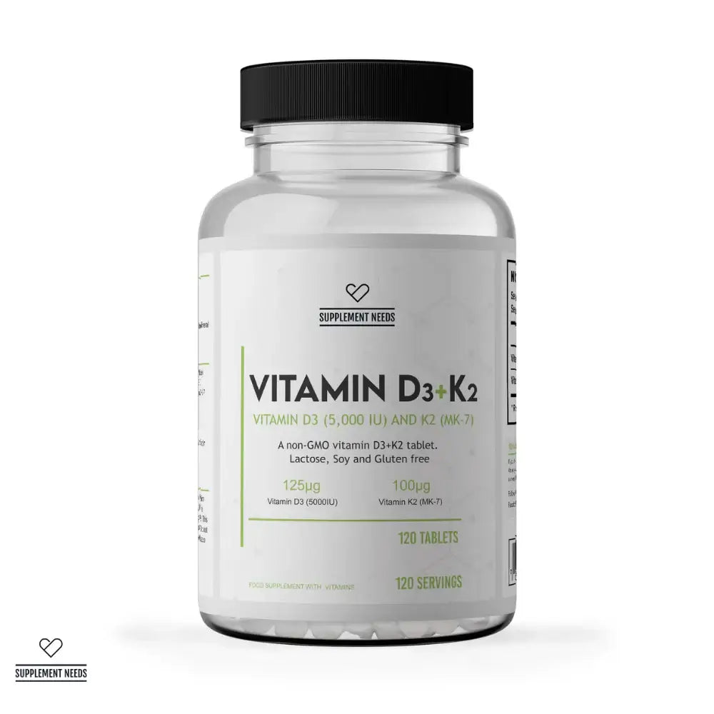 Vitamin D3 and K2 (MK-7) supplement bottle with 120 tablets for health support.