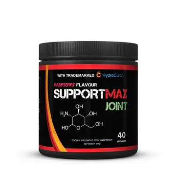 SupportMAX Joint food supplement in raspberry flavor, offering 40 servings with HydroCurc for joint health.