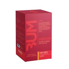 Raw Nutrition Bum Hydration electrolyte formula box for quick recovery and hydration, featuring fruit punch flavor.
