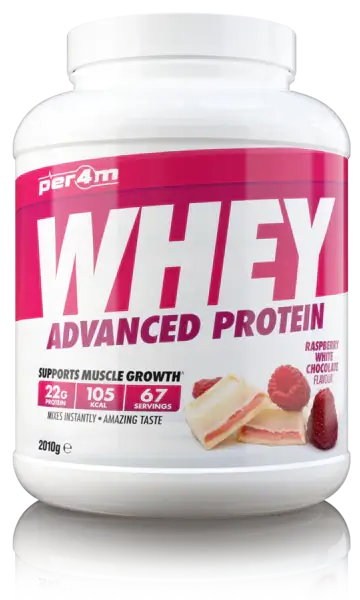 PER4M WHEY Advanced Protein powder container, raspberry white chocolate flavor, supports muscle growth, 22g protein per serving.