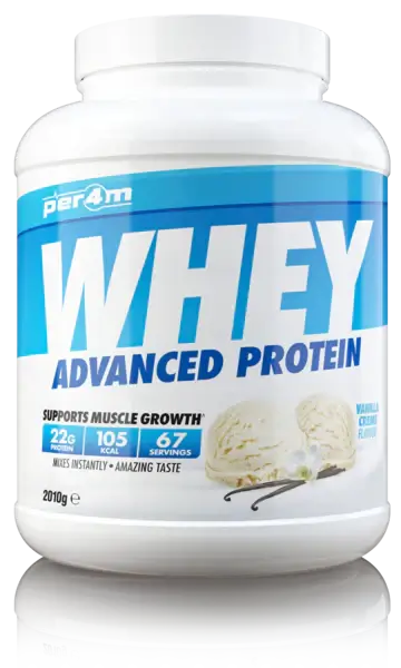 PER4M Whey Advanced Protein powder for muscle growth, 22g protein per serving, vanilla creme flavor, 2010g container.