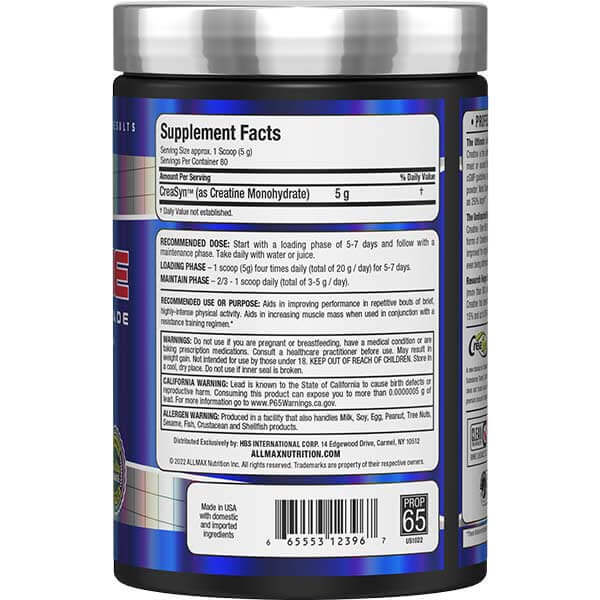 Supplement facts and ingredient label for Allmax Essentials creatine pharmaceutical grade 400 g