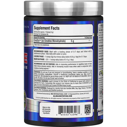 Supplement facts and ingredient label for Allmax Essentials creatine pharmaceutical grade 400 g