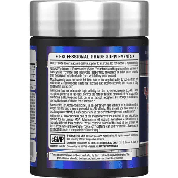 Directions for use, warnings, and additional product information for Allmax Essentials Yohimbine and Rauwolscine capsules
