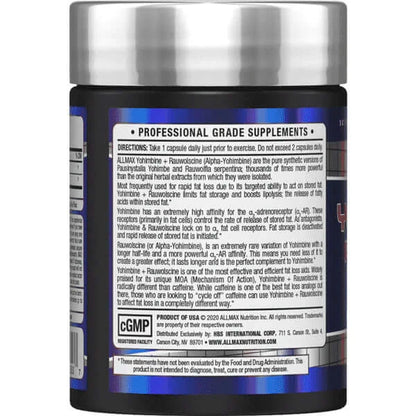 Directions for use, warnings, and additional product information for Allmax Essentials Yohimbine and Rauwolscine capsules