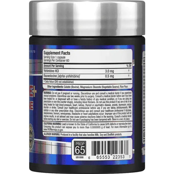 Supplement facts and ingredient label for Allmax Essentials Yohimbine and Rauwolscine capsules